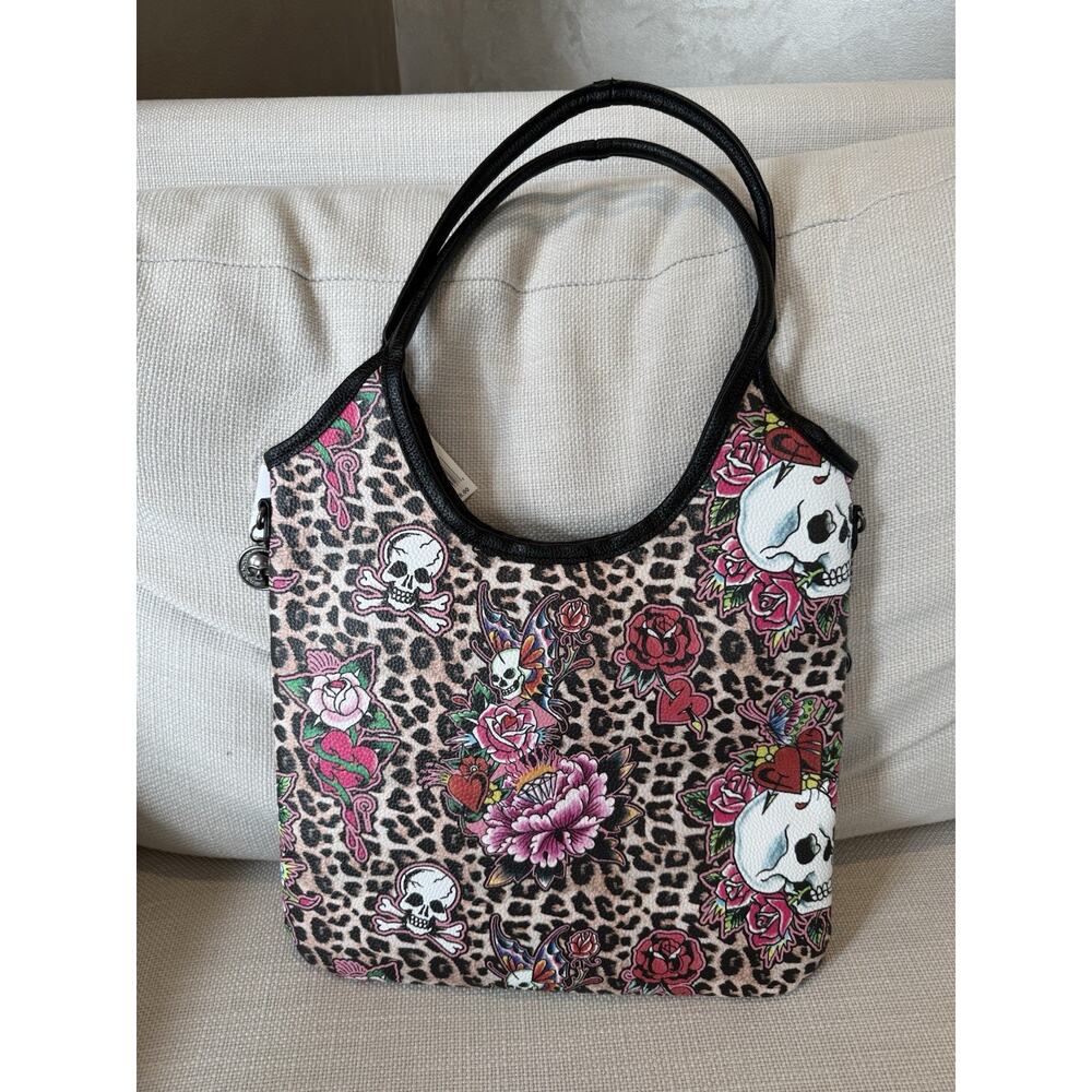 Ed Hardy Women's Large Black Pink Roses Pink Leopard Tote Shoulder Bag